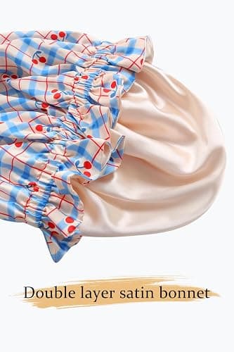 Vettres Floral Satin Bonnet with Scrunchie Set,Double Layer Ruffle Reusable Sleeping Shower Cap for Curly Hair Blue-cherry thumbnail 2