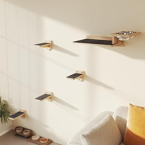 MeowHomm Cat Wall Shelves, Wood Cat Feeding Shelf with 4 Non-Slip Steps, 2 Food Bowls, Wall-Mounted Furniture for Kittens - Image 1