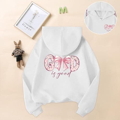 KEEVICI Cute Christian Hoodies for Girls Bow God Is Good Sweatshirt Kawaii Jesus Graphic Hoodie Bible Verse Cotton Pullover thumbnail 6