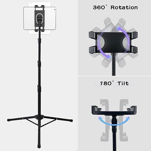 Raking Tablet Floor Stand, Height Adjustable Cellphone Floor Stand with 360°Rotating Tripod Mount, Compatible with iPhone iPad mini/Air/Pro and All 5.5-12.9 Inch Devices thumbnail 6