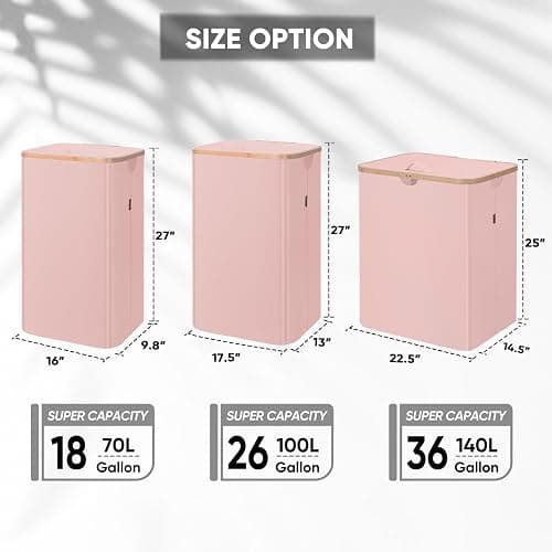 BALEINE Laundry Hamper with Lid, Tall Laundry Baskets with Bamboo Pull Handles, Large Laundry Bin with Internal Support (26 Gal/100L, Pink) thumbnail 2