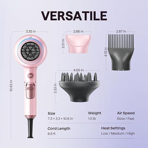 Wavytalk Hair Dryer with Diffuser, Blown Away Ionic Blow Dryer for Curly Hair with Comb, 1875W Fast Drying Hair Dryer with Ceramic Technology, 3 Attachments for All Hair Types, Light and Quiet, Pink thumbnail 7
