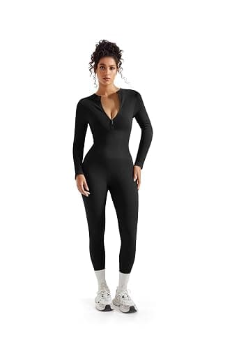 SUUKSESS Women Long Sleeve Ribbed Jumpsuit Zip up Front Workout Bodycon Romper thumbnail 2