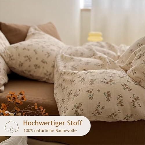 AShanlan Doppelte Musselin Bettwäsche 220x240 cm Baumwolle Vintage Blumenmuster Bettwäsche-Sets ÖKO-TEX Zertifizierte 1 Bettbezug und 2 Kissenbezüge 80x80 cm mit Reißverschluss thumbnail 3