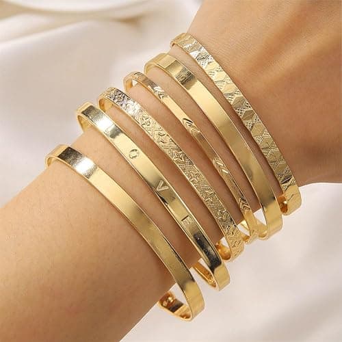 CHICUTIE Gold Bangles Bracelets For Women, 14k Gold Plated Stackable Open Cuff Bracelet Set Charms Trendy Lightweight Elegance Minimalist Textured Boho Jewelry Gift for Women thumbnail 2