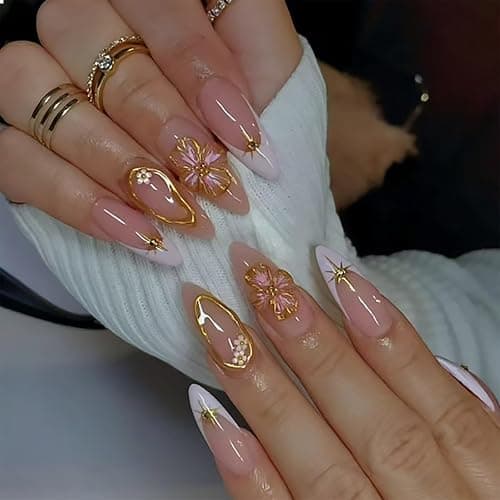 GlamRays Lot de 24 faux ongles à presser en forme d'amande française, moyens, avec motifs floraux 3D, automne nude, faux ongles, pointes scintillantes - Image 1