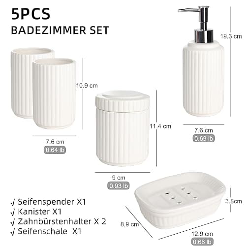 NOVAJOY Badezimmer Set Keramik – 5 Teile, Badezimmer Organizer mit Seifenspender, Seifenschale, Zahnbürstenhalter, Wattestäbchen Kanister, Hochwertiges Badezimmer Deko Set (Beige Weiß) thumbnail 3