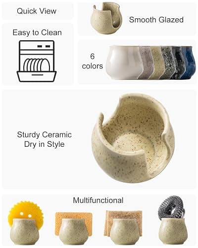 Zoeeker Ceramic Dish Sponge Holder, Sponge Caddy for Kitchen Sink Brush Organizer Scrub Dish Rack for Scrubbers, Bathroom, Sink, Yellow thumbnail 4