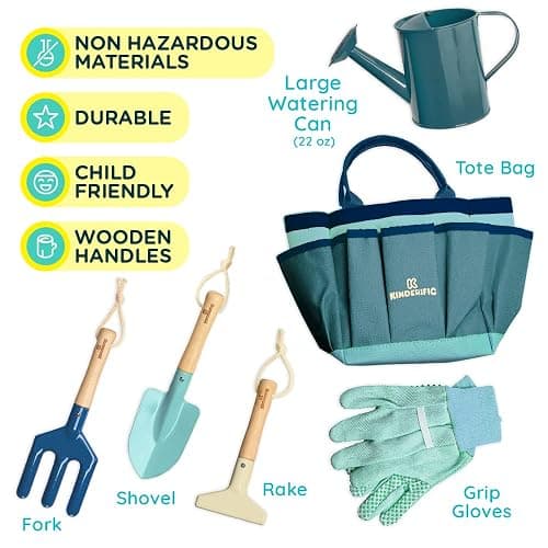 Kinderific Gardening Set, Tool Kit, for Kids, STEM, Includes Tote Bag, Spade, Watering Can, Rake, Fork, Trowel and Gloves (Ocean Blue) thumbnail 4