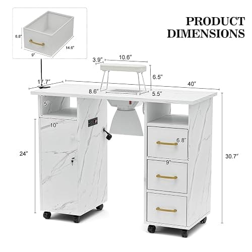 Belandi Manicure Table Nail Station with Charging Station, Marbling Texture Nail Tech Table Nail Table Station w/Dust Collector, Power Outlets, LED Lamp, Non-Woven Drawers & Wrist Cushion(White) thumbnail 7