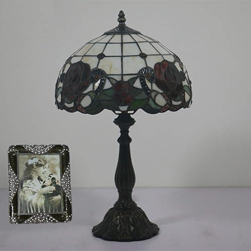 Lampe Tiffany Stil Tischlampe, Schreibtisch Schlafzimmer Lesung Bankierlampe, Beige Rot Buntglas Mediterran Libelle Lampenschirm, W12 H19 Zoll, Mission Nacht Wohnzimmer Tischleuchte,Resin base thumbnail 5