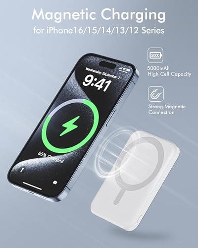 podoru for Magsafe Battery Pack, 5000mAh Magnetic Power Bank with Type-C Cable 20W PD Fast Charging Lighting Input Wireless Portable Charger for iPhone 16/15/14/13/12/ All Series-White thumbnail 3