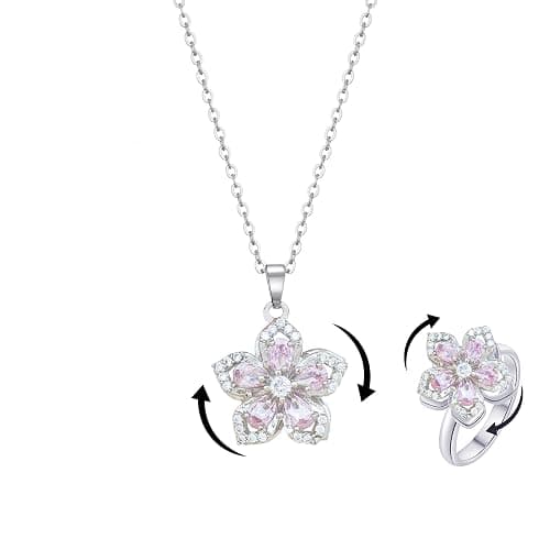 KONPJE Necklace for Women Gold Flower Fidget Necklace Rotatable Crystal Silver Blossom Pendant Necklaces Adjustable Spinning Fidget Necklaces Redbud Flower Choker Funny Gift Jewelry - Image 1