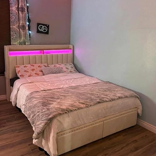 EnHomee Full Size Bed Frame with 2 Drawers, LED & Charging Station, Beige | 2-Tier Storage Headboard, heavy duty 1000lbs wooden slats for bedroom & apartment, noise-Free, Easy Assembly thumbnail 6