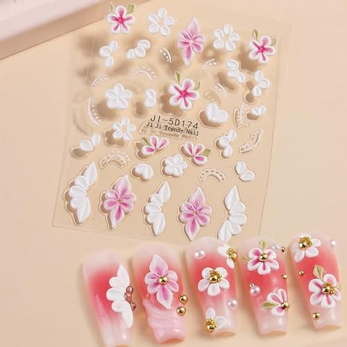 Fspronail 5D Embossed Flowers Nail Stickers 5PCS Pink White Floral Decals | Self-adhesive Cherry Blossom Butterfly Nail Decals French Tips Design Floral Petals Sticker for Nail Art Women DIY Manicure thumbnail 2