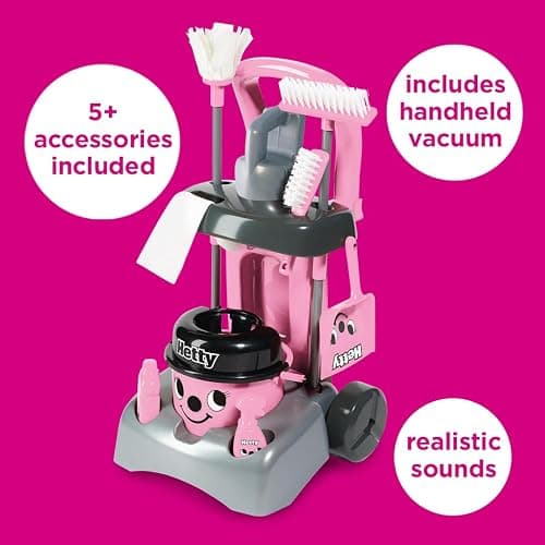 Casdon Henry & Hetty Toys - Hetty Deluxe Cleaning Trolley - Pink Hetty-Inspired Toy Playset with Working Hand Vacuum - Kids Cleaning Trolley Set with Accessories - For Children Aged 3+ thumbnail 4