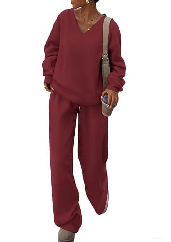 PRETTYGARDEN Casual Winter Two Piece Sets for Women 2025 V Neck Sweatshirt Loose Wide Leg Pants Tracksuit Knit Fall Outfits - Image 1