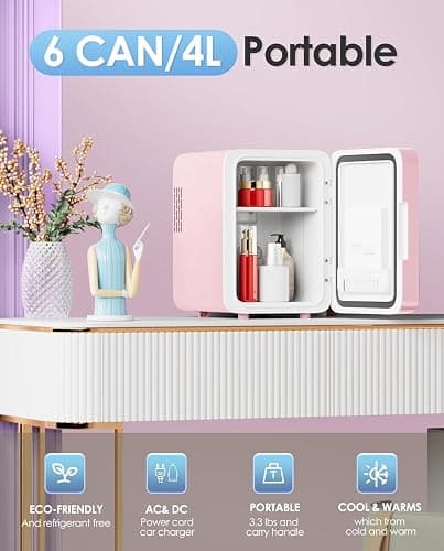 CUTIEWORLD Skincare Fridge With Dimmable LED Light Mirror, 4L Makeup Mini Fridge for Bedroom, Car, Office & Dorm, Cooler & Warmer, Portable Small Refrigerator for Cosmetics, Skin Care and Food, Pink thumbnail 2