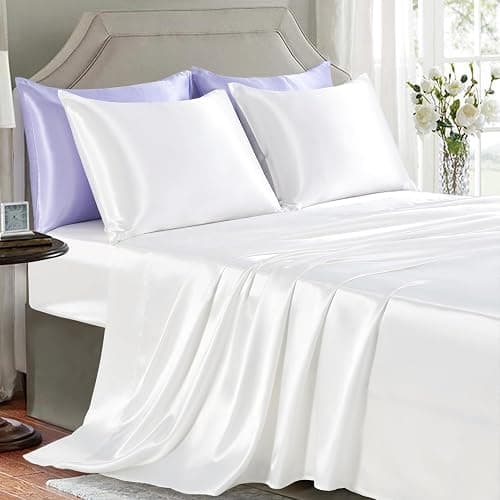GOLAL Satin Sheets Queen Size - 4 Pieces Luxury Silky Soft Bed Sheets, Wrinkle-Free White Satin Silk Sheet Set with 1 Deep Pocket Fitted Sheet, 1 Flat Sheet, 2 Pillow Cases - Image 1