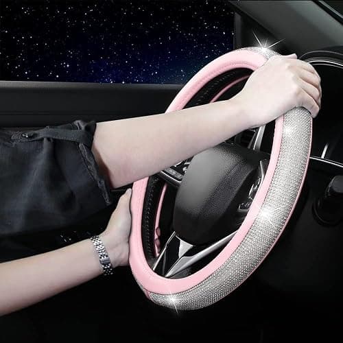 Bling Rhinestone Steering Wheel Cover, Pink Leather Anti-Slip Breathable, Universal Fit 14.5-15 Inch for Women thumbnail 4