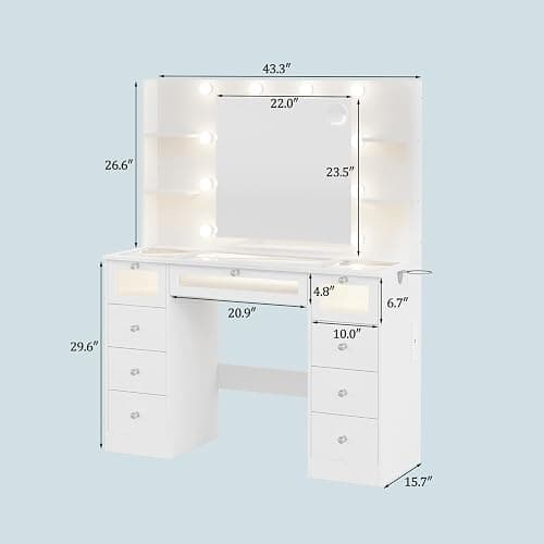 VQRhome White Vanity with Lighted 23.5” Mirror, Glass Top Vanity Desk with 9 Drawers & 3 Color Hollywood Bulbs & 4 Shelves & Acrylic & Power Outlet, Makeup Desk Dressing Table for Bedroom thumbnail 2