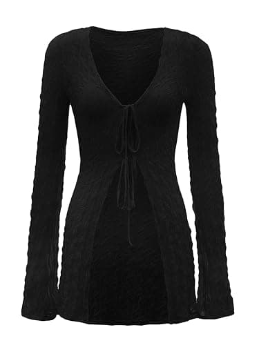 Verdusa Women's 90s Top Bell Long Sleeve Tie Front Textured Sheer Cardigan Going Out Tops Y2k Clothes - Image 1
