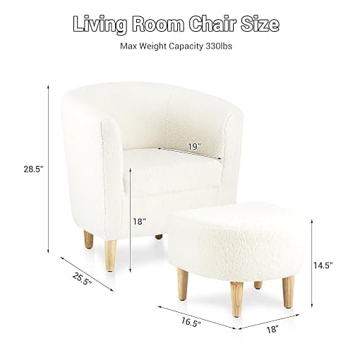 DAZONE Sherpa Accent Chair with Ottoman, White Fluffy Teddy Barrel Armchair for Cozy Living Room, Small Comfy Chairs for Bedroom, Reading Corner - Image 1
