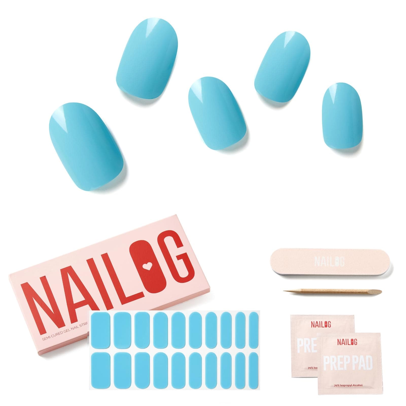 NAILOG Semi Cured Gel Nail Strips (20 Extra Long Polish Stickers/Wraps) | Glossy & Long Lasting Soft Gel Finishing Nail Strips,Aqua - Image 1