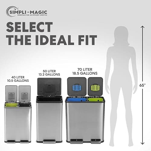 Simpli-Magic 18.5 Gallon (40L x 30L) Dual Compartment Step Trash Can – Kitchen Garbage Can with Waste & Recycling Bins – Slow-Close Lid, Odor Control, Hands-Free, Stainless Steel thumbnail 8