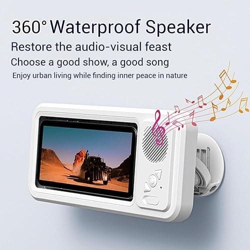 2026New Waterproof Phone Holder with Speaker, Shower Phone Holder Waterproof - Built-In Smart Bluetooth Speaker,Fog-Resistant Bathroom Wall Phone Mount for Any Phones Secure Attachment Surface (White) thumbnail 2