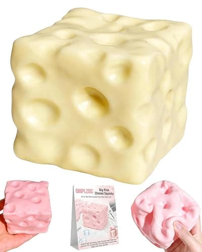 Jumbo Big Pink Cheese Squishy Skin 2.4in Giant Large Cheese Block Squeeze Luck Squishies Anxiety Stress Relief Ball Cube Soft Moldable Sensory Slow Rising Fidget Toy Autism ADHD Adult Gift - Image 1