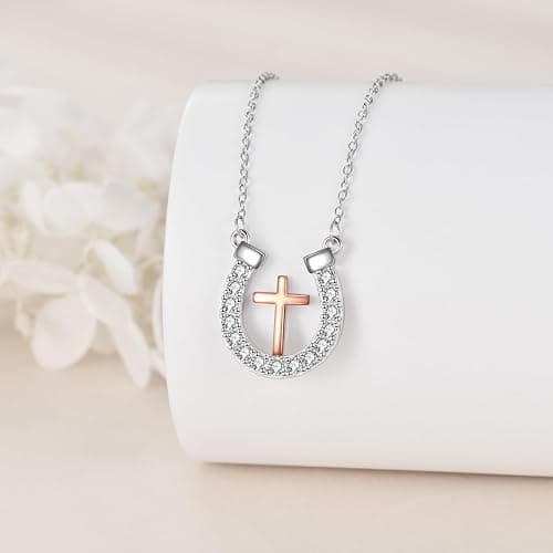 CRMAD Horseshoe Necklace for Women Sterling Silver Horse Cross Pandant Necklace Rose Gold Plated Jewelry Gifts (cross) thumbnail 3