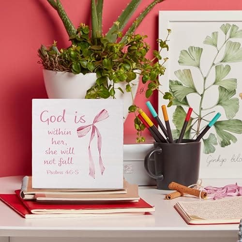 Coquette Dorm Decor, Pink Bow Christian Gifts for Women Faith, Inspirational Bible Verse Wooden Box Sign, Girly Wall Decor for Girls Room College Apartment Dorm Decoration thumbnail 2
