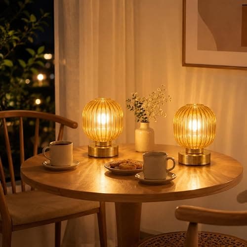 Elenhome Amber Touch Glass Table Lamp Set of 2, 3-Way Dimmable Bedside Lamps, Vintage Mid-Century Modern Nightstand Lamps for Bedroom and Living Room, Ambient Mood Lighting, LED Bulb Included thumbnail 8