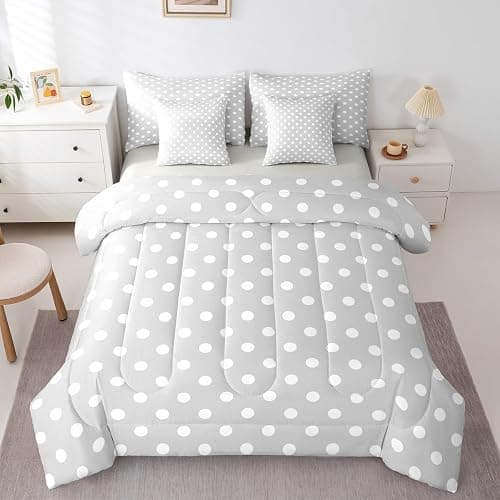 Manfei Polka Dot 7pcs Comforter Set Full Size,Cute Simple Geometric Dots Bedding Set for All Season,Grey White Cartoon Bed in A Bag with Comforter,Sheets and Pillowcases,Kids Boys Girls Room Decor thumbnail 5