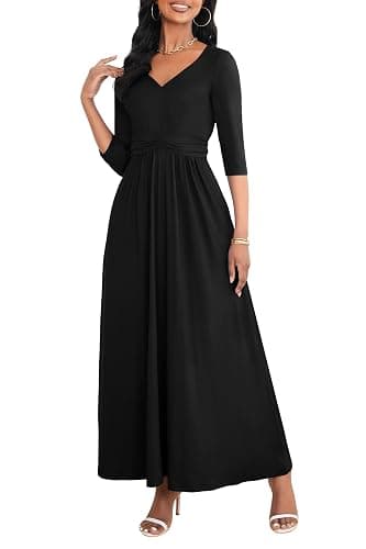 FANDEE Casual Maxi Dress for Women Summer Wtih Pockets 3/4 Sleeve V Neck Elastic High Waist Elegant Pleated A-Line Dresses thumbnail 4