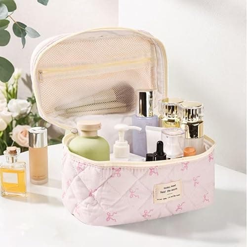 MZLUWM 3Pcs Makeup Bag Cute Cosmetic Bags for Women, Large Capacity Travel Quilted Makeup Bag Set,Cotton Floral Makeup Pouch, Coquette Puffy Toiletry Bag,Attractive Quilted Pouch (Pink bow) thumbnail 2