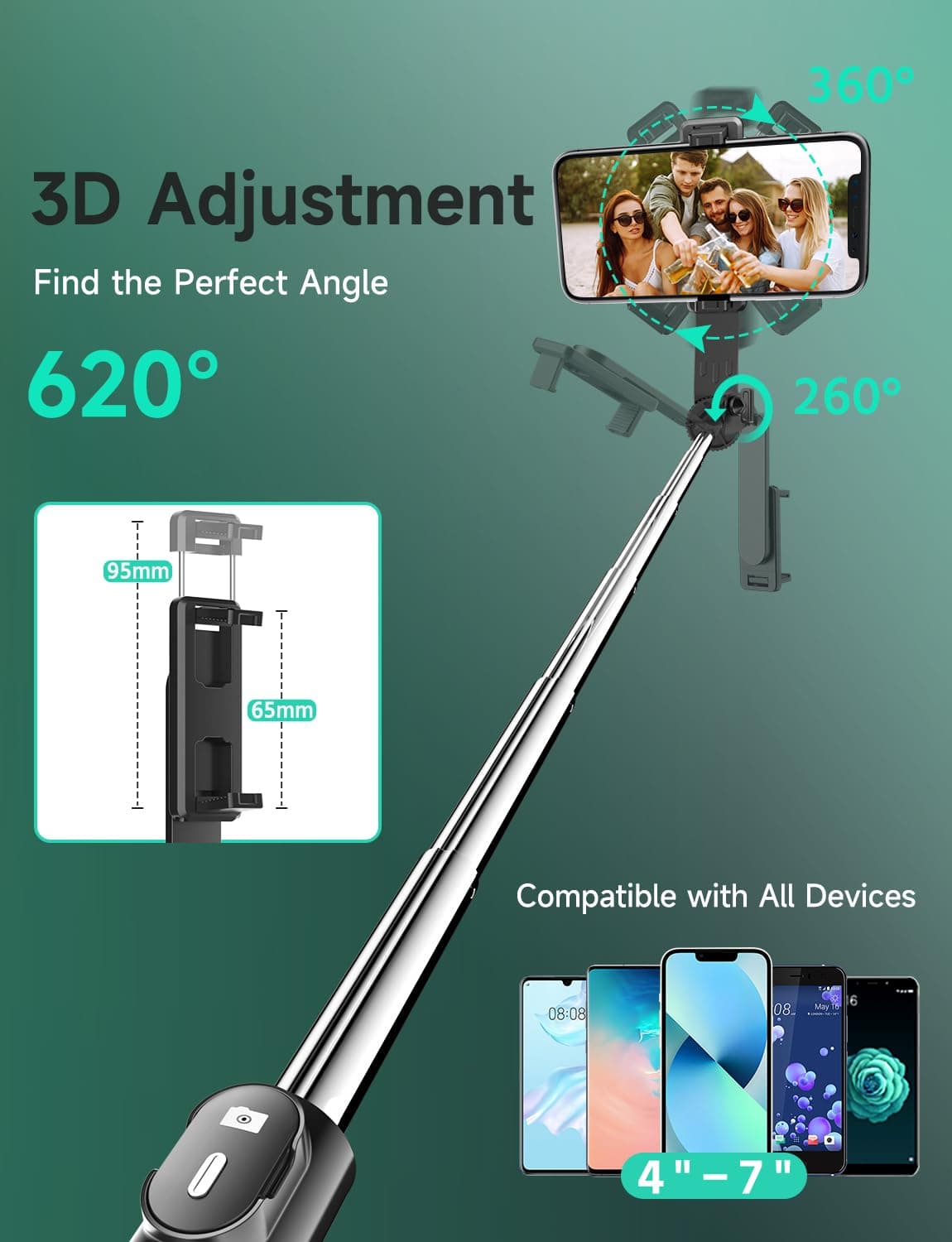 Portable Phone Tripod Stabilizer, 71cm Extendable Travel Tripod for iPhone with Remote Control, Adjustable Selfie Stick, Foldable Phone Stand for 4-7" iOS/Android/Cam/GoPro/Selfie/Streaming -Black thumbnail 6
