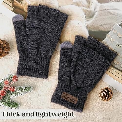 Loritta Winter Fingerless Gloves for Women Warm Knit Convertible Mittens with Flip Cover Stocking Stuffers Gifts thumbnail 3