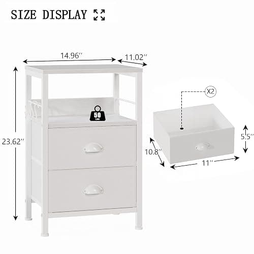Furologee Nightstand with 2 Fabric Drawers, White Bedside Table with 2-Tier Shelf, Side Table with Hooks and Wood Top for Bedroom/Living Room/Hallway/White - White - 1pc thumbnail 3