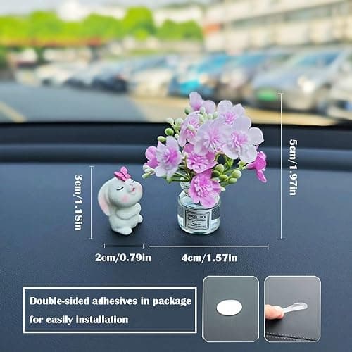 Generic Set of 2 Cute Mini Bunny and Peach Blossom in Flower Vase Car Rearview Mirror Ornaments Funny Dashboard Decorations Kawaii Car Interior Accessories for Women Gifts thumbnail 6