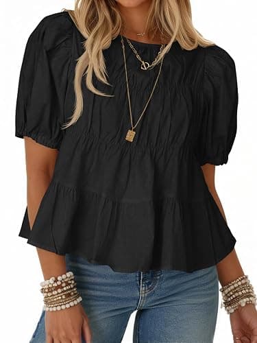 Tankaneo Womens Puff Sleeve Peplum Babydoll Tops Summer Smoked Pleated Cotton T-Shirts Casual Loose Fit Flowy Blouse - Image 1