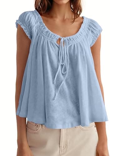 Tankaneo Women Summer Tie Front Tank Tops Cap Sleeve Babydoll Flowy Tops | Pleated Shirt,Casual Loose Fit,Polka Dot,Peplum,Going Out,Cute Boho - Image 1