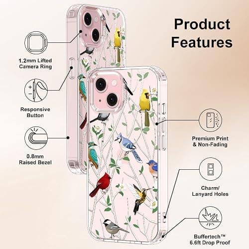 MOSNOVO Case for iPhone 15, [Buffertech 6.6ft Military-Grade Drop Protection] [Anti Peel Off Tech] Clear TPU Bumper Phone Case Cover Design - Wild Bird thumbnail 6