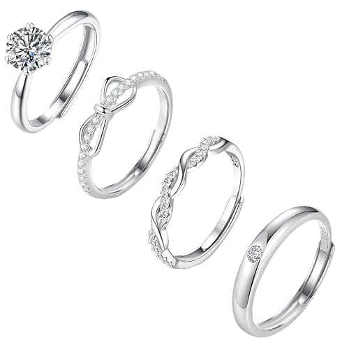 sawyofu Sterling Silver Adjustable Rings For Women 4pcs Cubic Zirconia 925 Silver Plated Wedding Stacking Rings Sets For Women Jewellery - Image 1