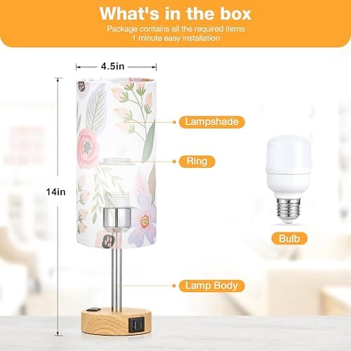 Fenmzee Floral Touch Lamp for Bedroom- 3 Way Dimmable Bedside Lamp USB C A Charging Ports and AC Outlet, Small Table Lamp Floral Linen Lampshade for Gift, LED Bulb Included thumbnail 5