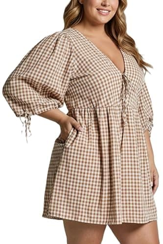 PINUPART Women's Gingham Puff Sleeve Tie Front Babydoll Mini Dress thumbnail 6