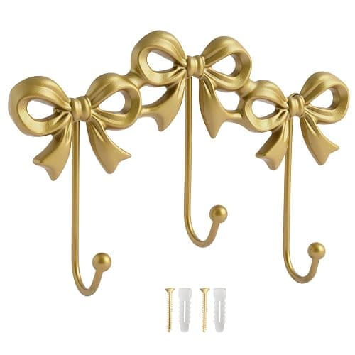 XHIPY Gold Bow Hooks Coat Rack, Wall Mount Coat Hook, Bow Room Wall Decorations, Wall Hook for Hanging Coat, Hat, Jacket - Image 1