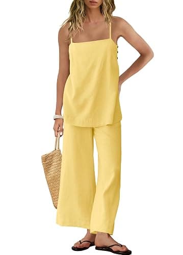 Yanekop Linen Sets for Women 2 Piece Pants Summer Outfits Matching Lounge Sets Spaghetti Strap Tank Top Pants Sets thumbnail 2