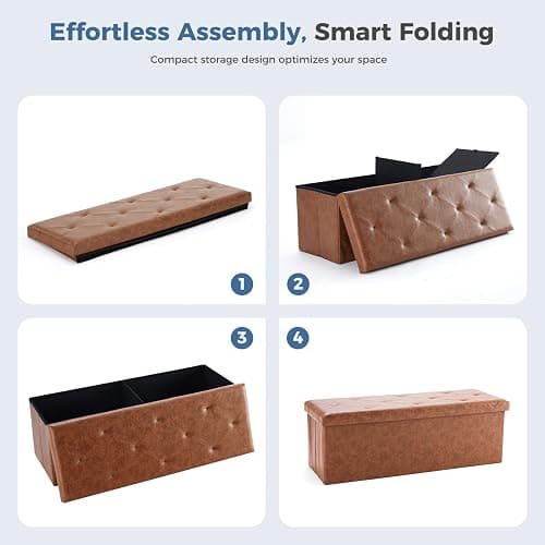 DUMOS Foldable Storage Ottoman Bench 43in, Foot Rest Stool, Synthetic Leather Storage Chest with Thicker Foam Padded Seat for Entryway Living Room, Modern Brown thumbnail 7